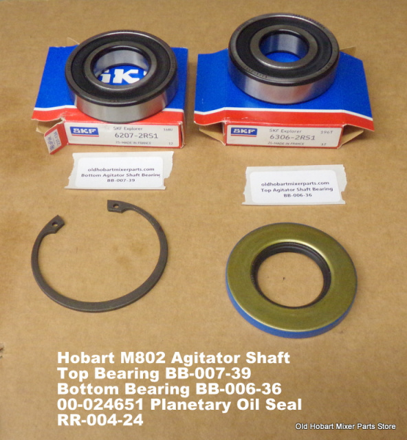Hobart M802 Agitator Shaft  Top Bearing BB-007-39  Bottom Bearing BB-006-36  00-024651 Planetary Oil
